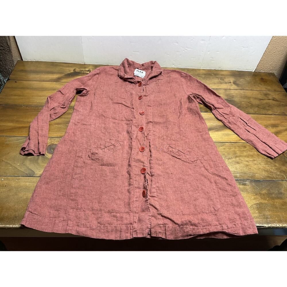 Flax 100% Linen Oversized Lagenlook Button Down Blouse Pockets Size Large Red
